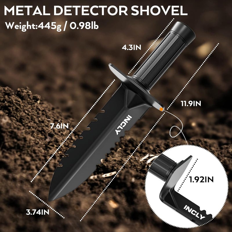 INCLY Metal Detector Shovel, Heavy Duty Double Serrated Edge Digger, Detecting Digging Tool with Sheath for Belt Mount, Gardening & Detecting Accessories for Metal Detection Digging Weeding Planting - Image 3